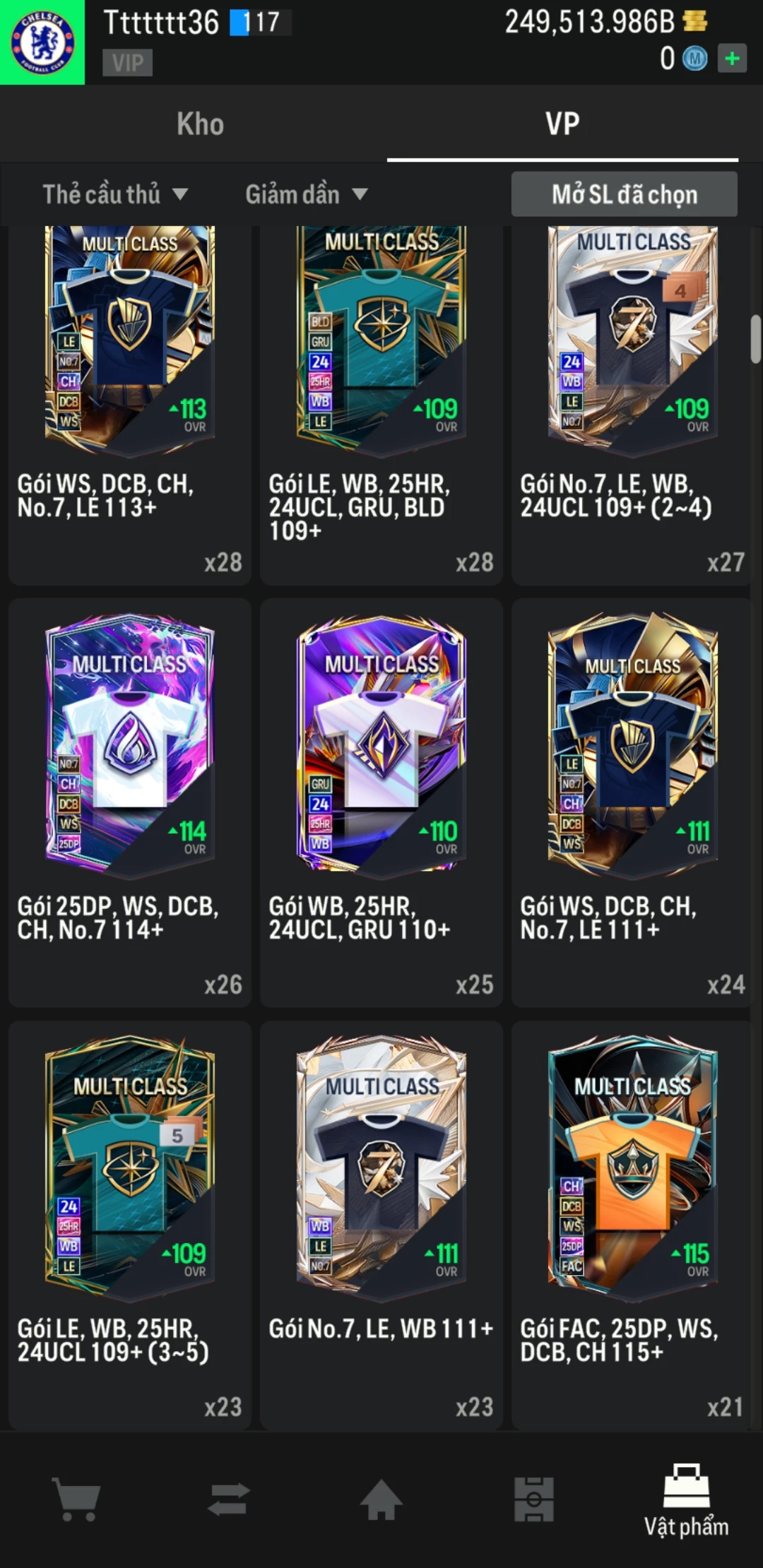 Ảnh ACC mở thẻ (LOẠI SVIP PROMAX) bao gồm có 02 thẻ +12, 04 thẻ PRIME (QH+, CP+, XS+, HĐ+) và hơn 1600+ thẻ cầu thủ từ Siêu sao đến Miền núi các loại. Acc có sẵn BP trắng từ 230.000 tỷ BP đến 250.000 tỷ BP kèm theo nhiều ngày SVIP